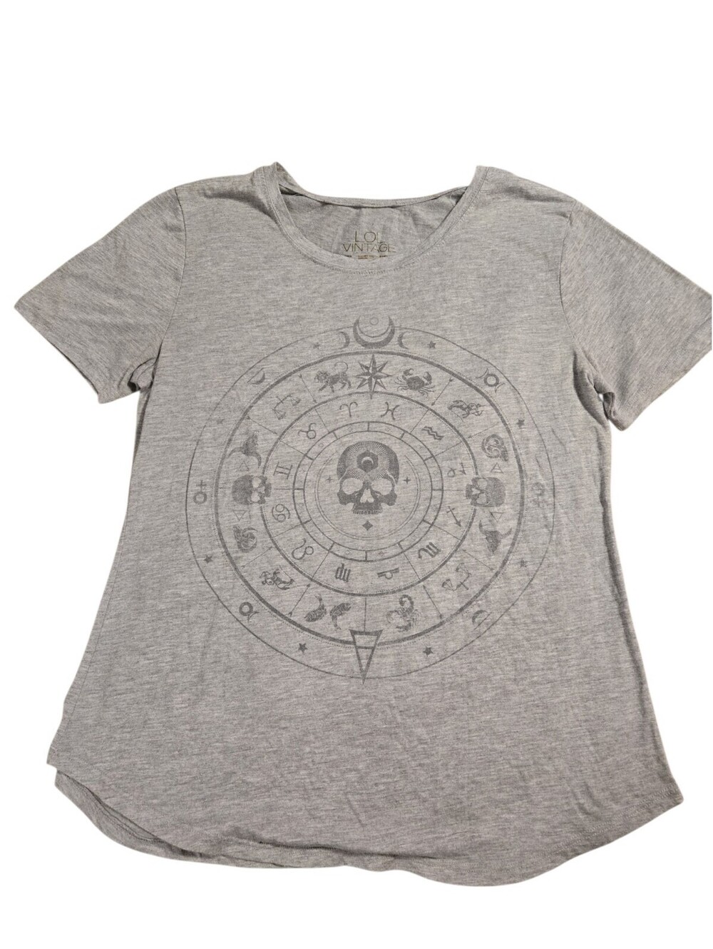 LOL Vintage Women's Short Sleeve Skulls Astrological Chart Graphic Tee Xl Gray
